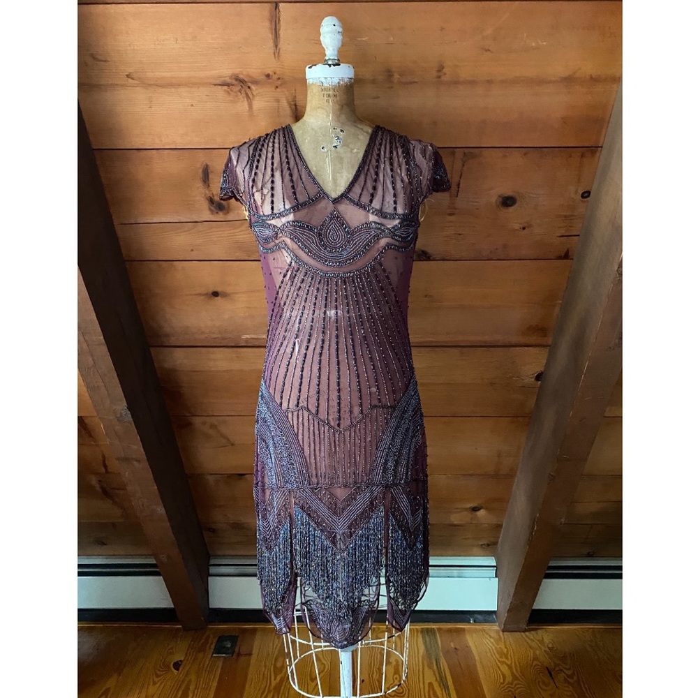 1920s style purple beaded deco flapper dress